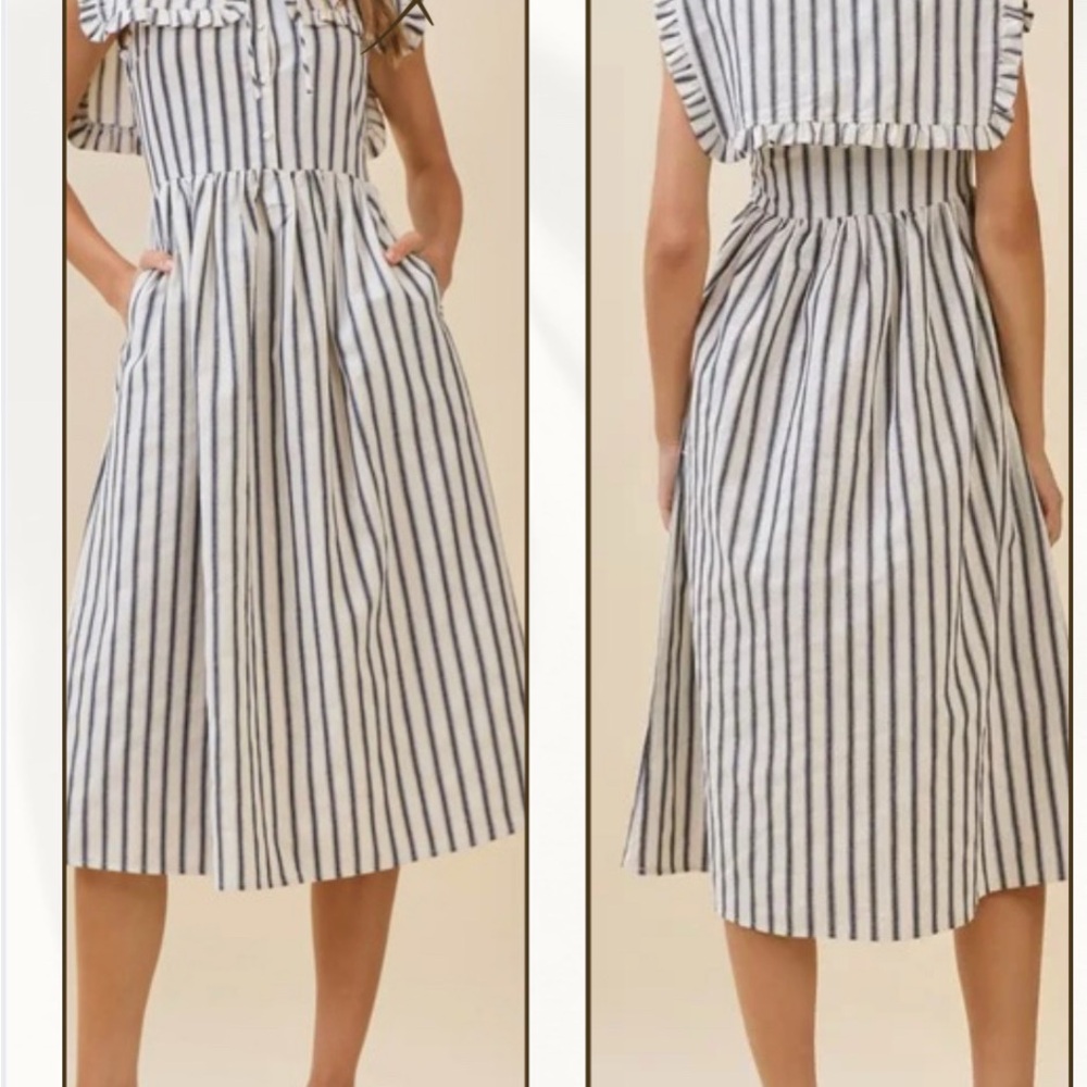 Striped Off-Shoulder Midi Dress in Navy & White